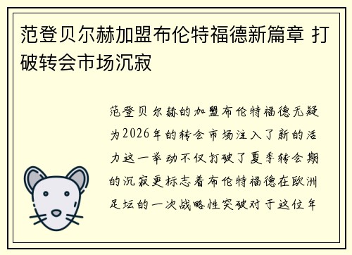 范登贝尔赫加盟布伦特福德新篇章 打破转会市场沉寂