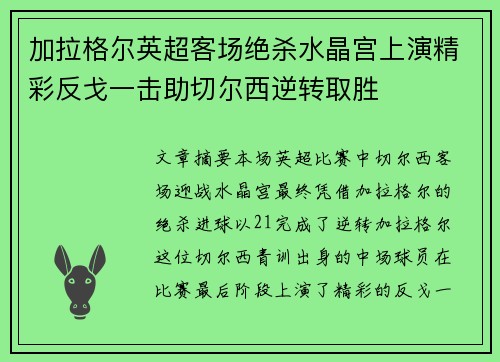 加拉格尔英超客场绝杀水晶宫上演精彩反戈一击助切尔西逆转取胜
