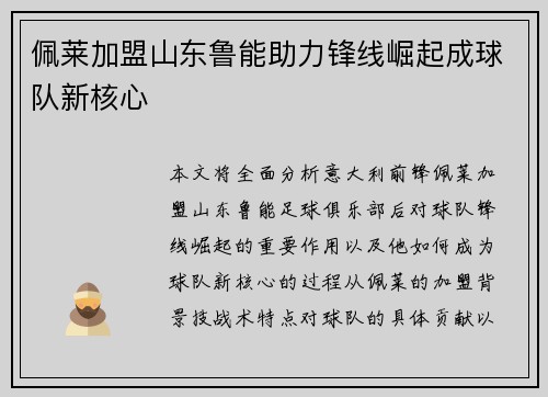 佩莱加盟山东鲁能助力锋线崛起成球队新核心