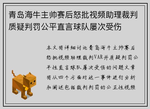 青岛海牛主帅赛后怒批视频助理裁判质疑判罚公平直言球队屡次受伤